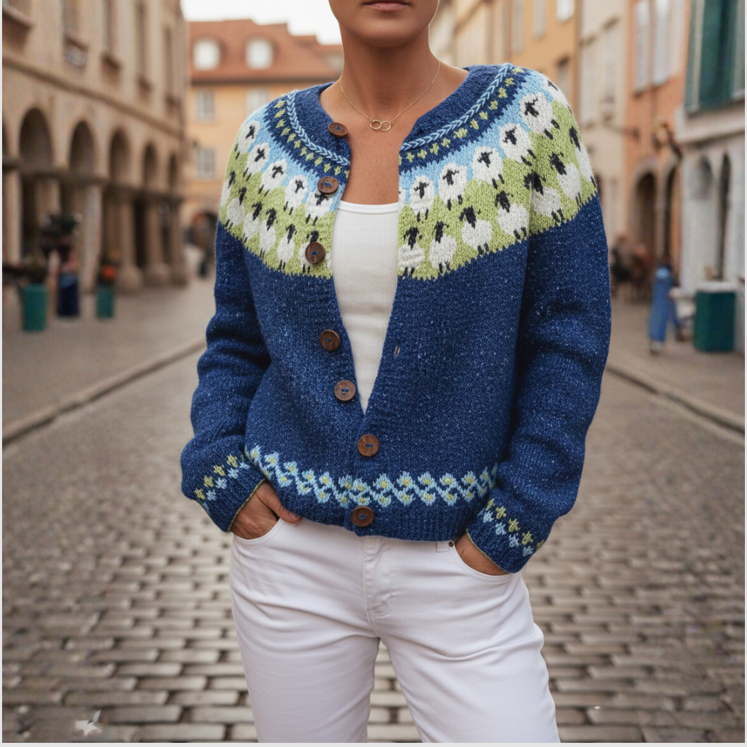 Cardigan Donna Blu con Bottoni e Motivo Nordic