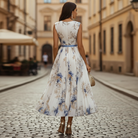 Abito da Cerimonia Lungo Donna Scollo a V Plissettato Bianco