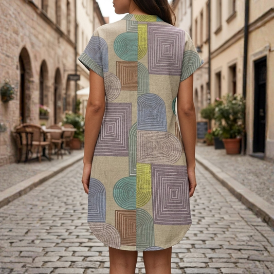 Abito Camicia Donna Maniche Corte con Bottoni e Scollo a V Mini Fantasia Geometrica