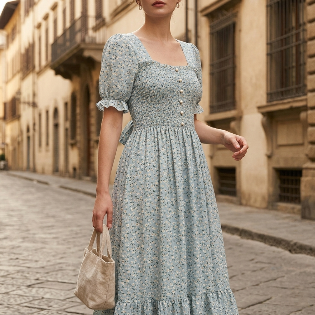 Abito Midi Donna Floreale Drappeggiato Maniche a Sbuffo