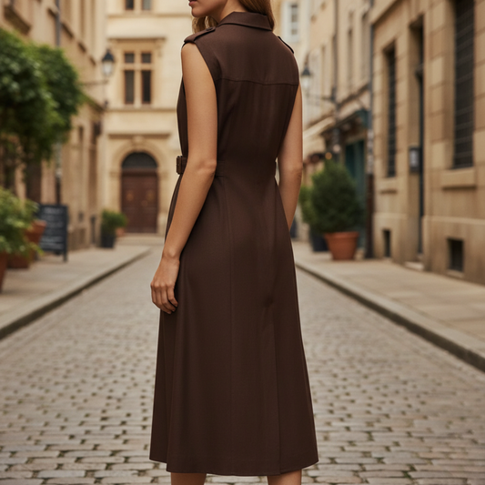 Abito Camicia Midi Donna in Lino Senza Maniche con Bottoni Stile Utility