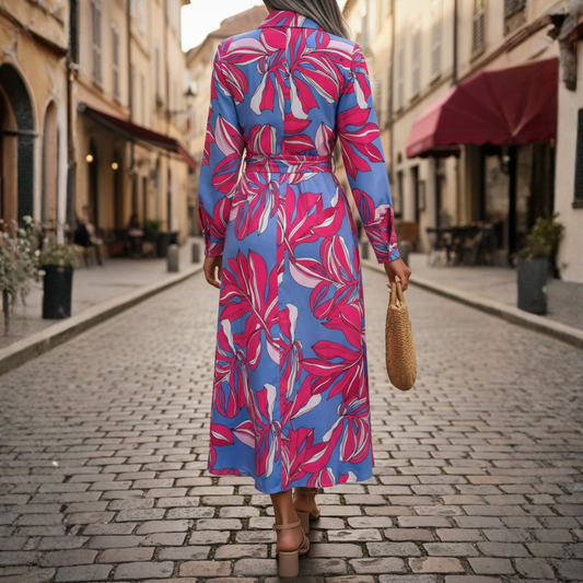Abito Camicia Maxi Donna con Stampa Floreale Maniche Lunghe e Bottoni