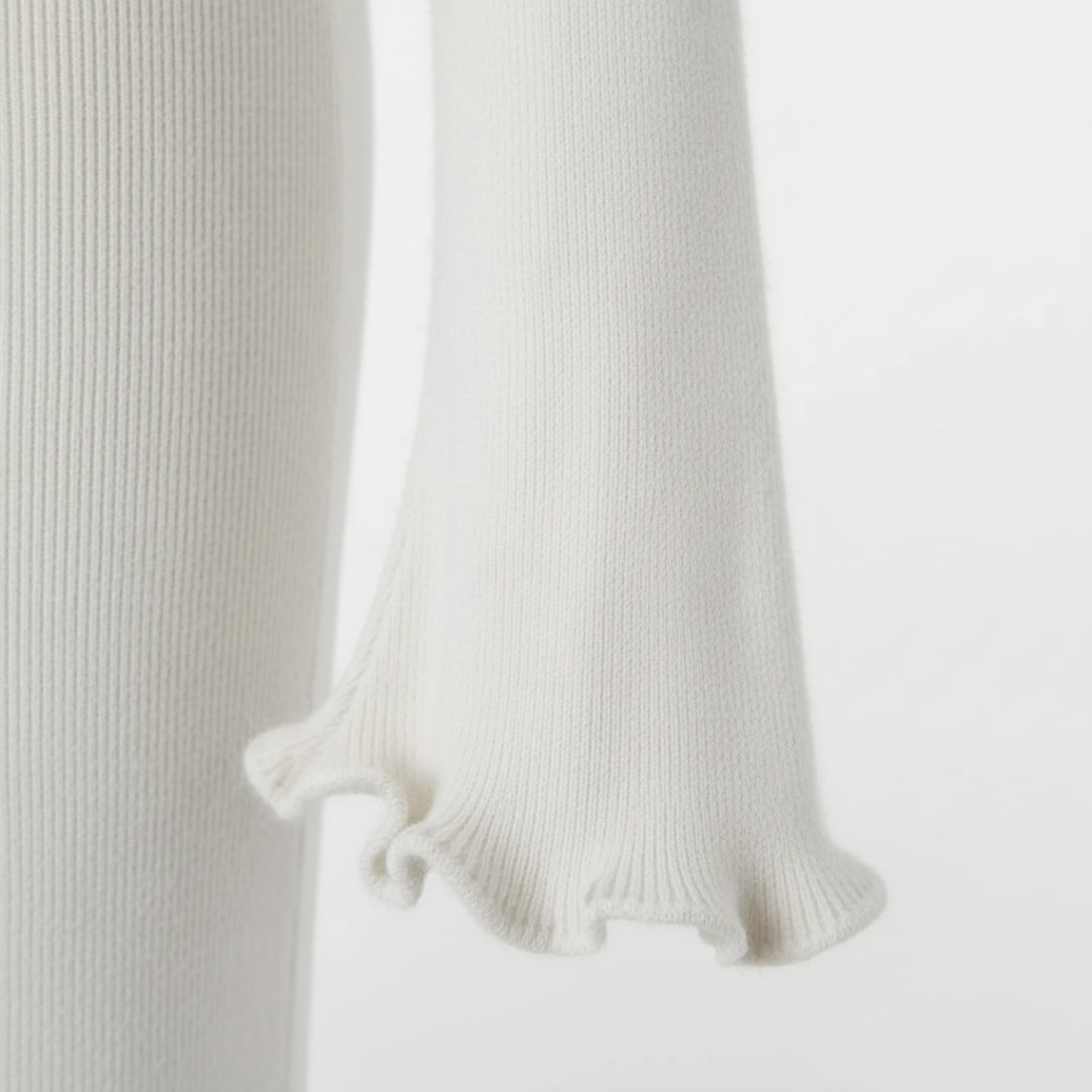 Abito Maxi Donna Bianco a Costine con Maniche Lunghe