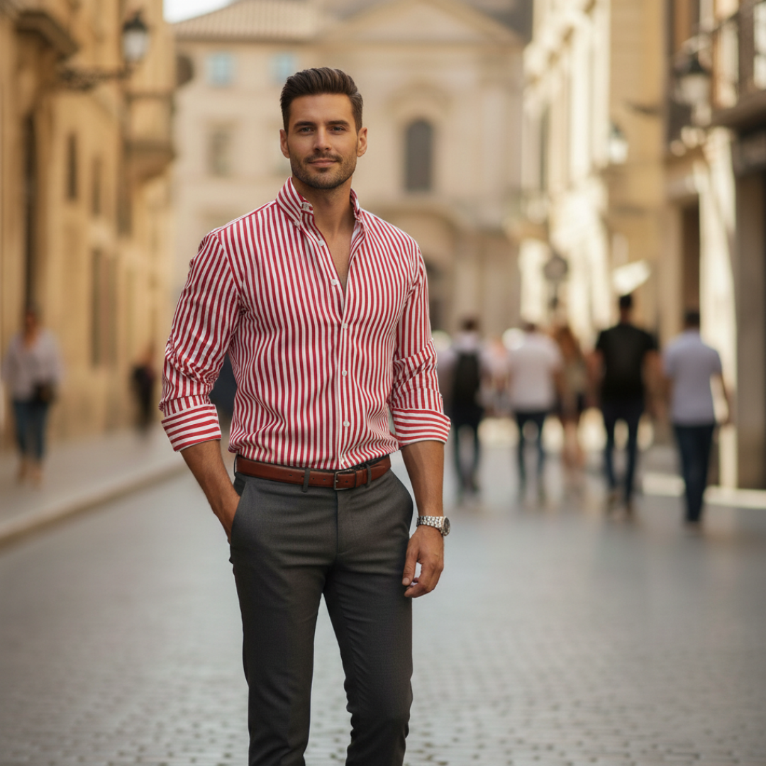 Camicia Uomo a Righe Slim Fit Blu Nero Rosso