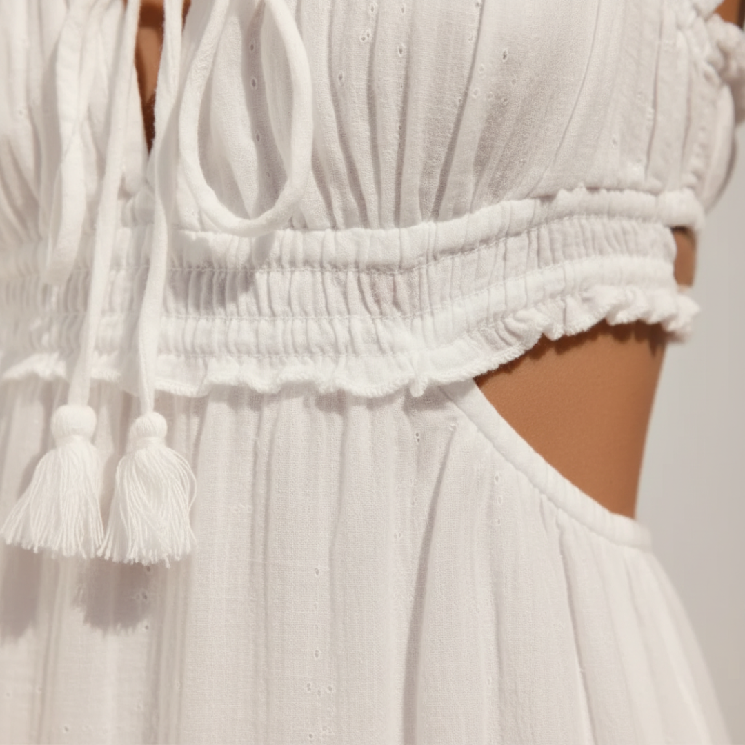 Abito Midi Donna Bianco in Cotone con Spalline Sottili