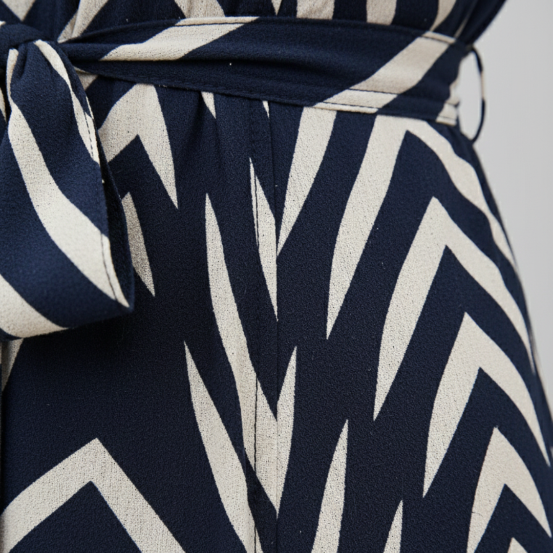 Abito Midi Donna a Righe con Scollo a V e Cintura