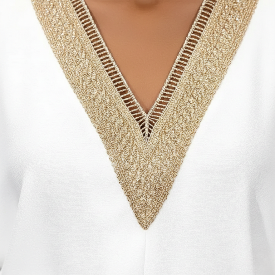 Abito Midi Donna Scollo a V Dettaglio Dorato Bianco Estate