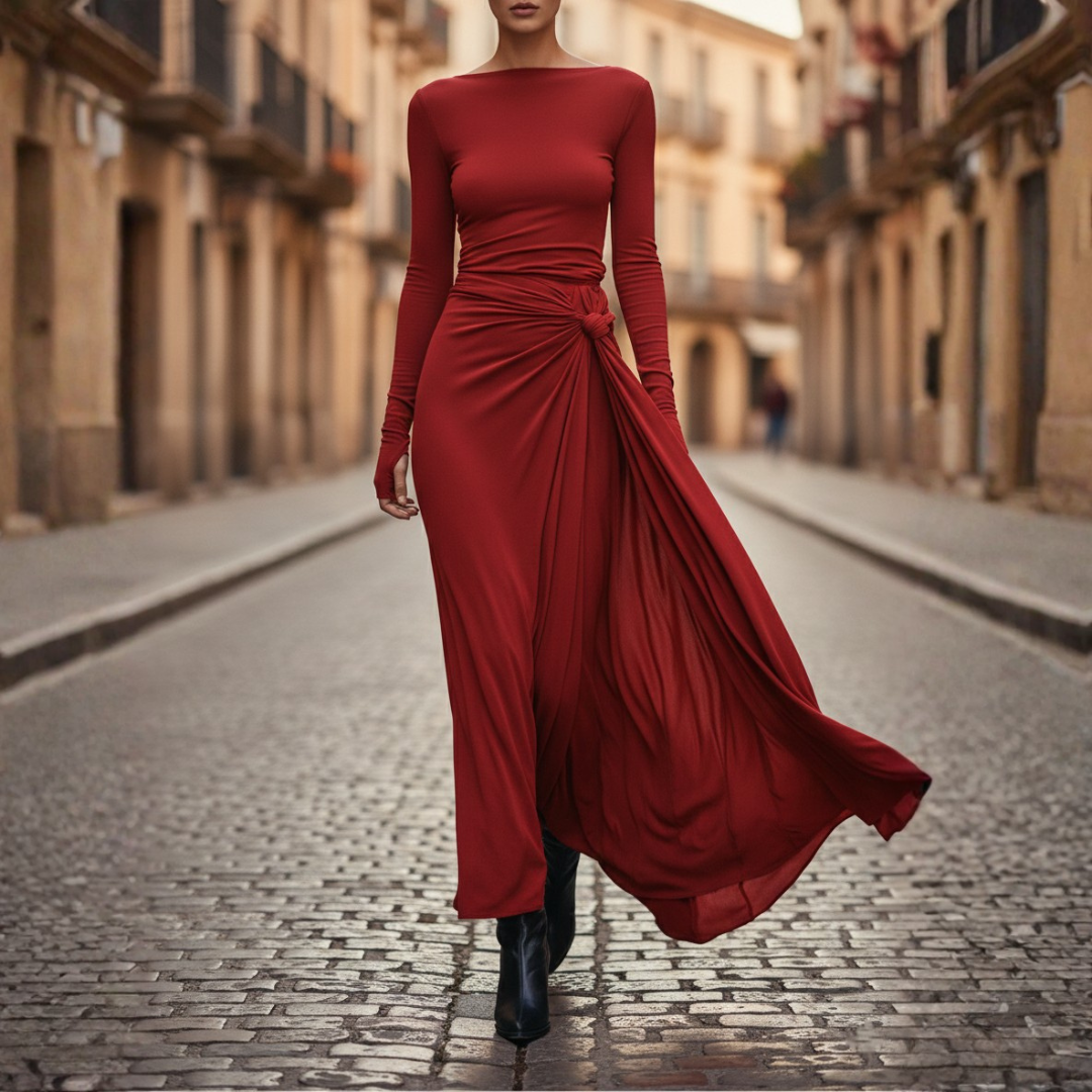 Abito Maxi Donna Slim Fit con Nodo Laterale e Maniche Lunghe