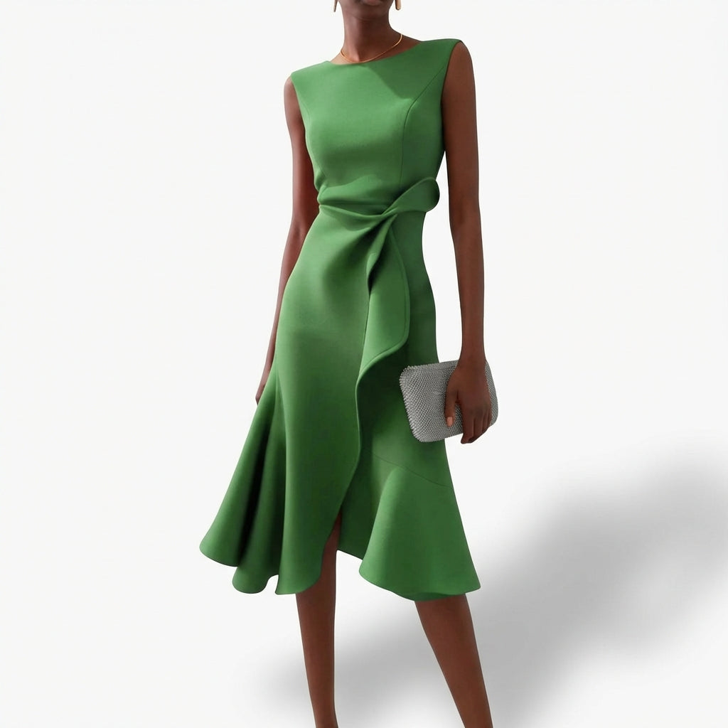 Abito Donna Raso Drapeato Volante Asimmetrico – Elegante