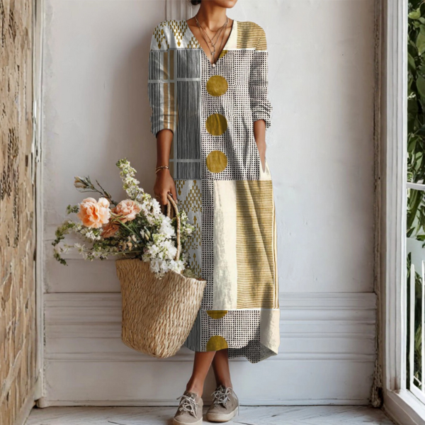 Abito da donna in patchwork stampato a maniche lunghe con scollatura a V midi casual boho