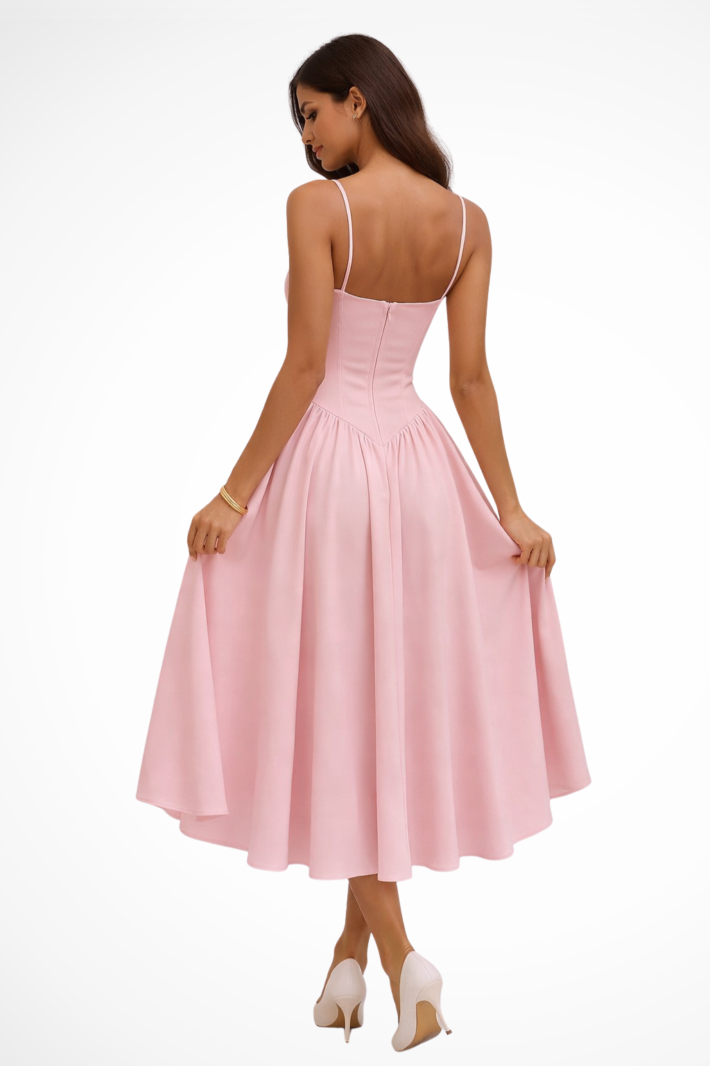 Abito Donna Raso Smanicato A Line Elegante Midi Cerimonia