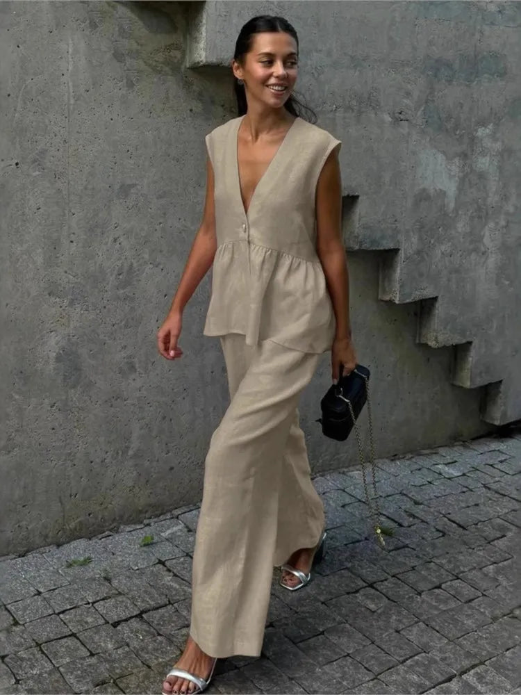 Completo Donna Smanicato Rouches Top Senza Maniche con Pantaloni Ampi
