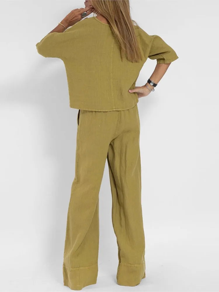 Set Due Pezzi Donna Cotone Lino Smanicato Top Manica Corta Pantaloni Largo Casual
