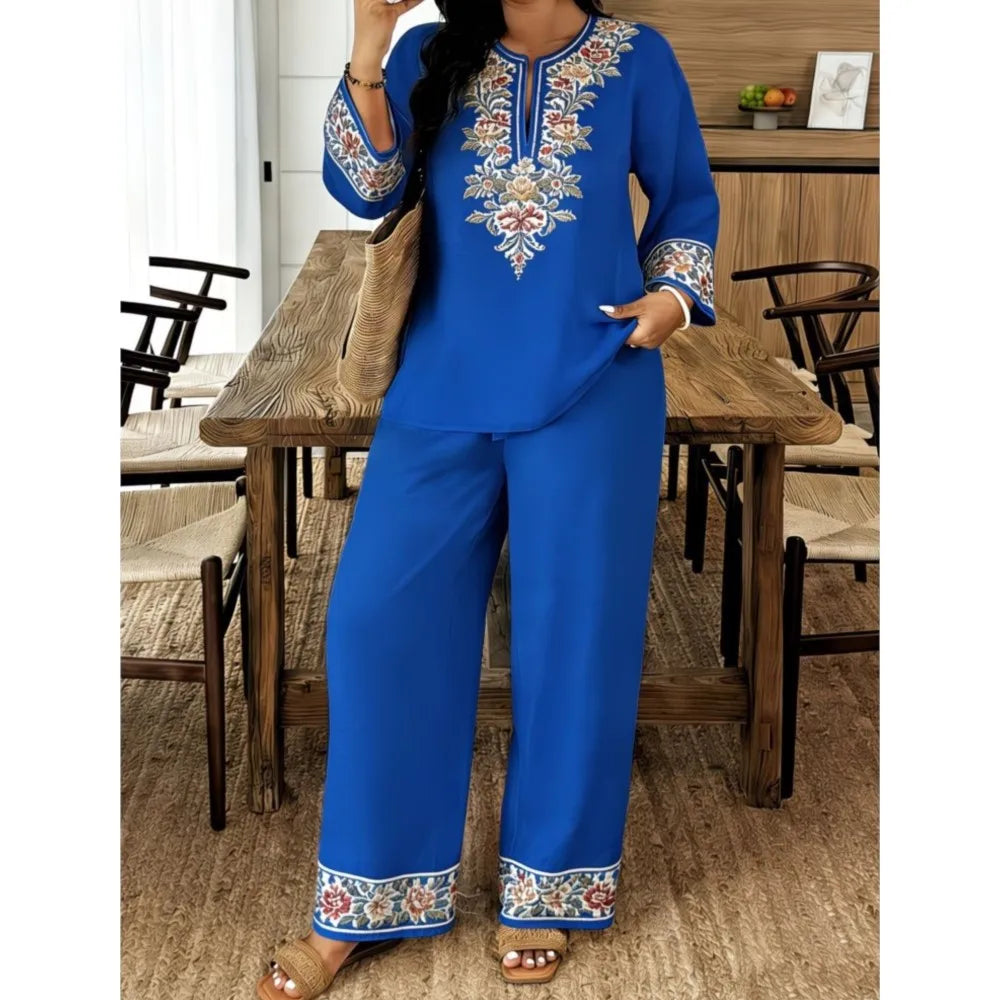 Completo Donna Stampa Retro Manica Lunga Scollo O Tuta Casual Etno 2 Pezzi