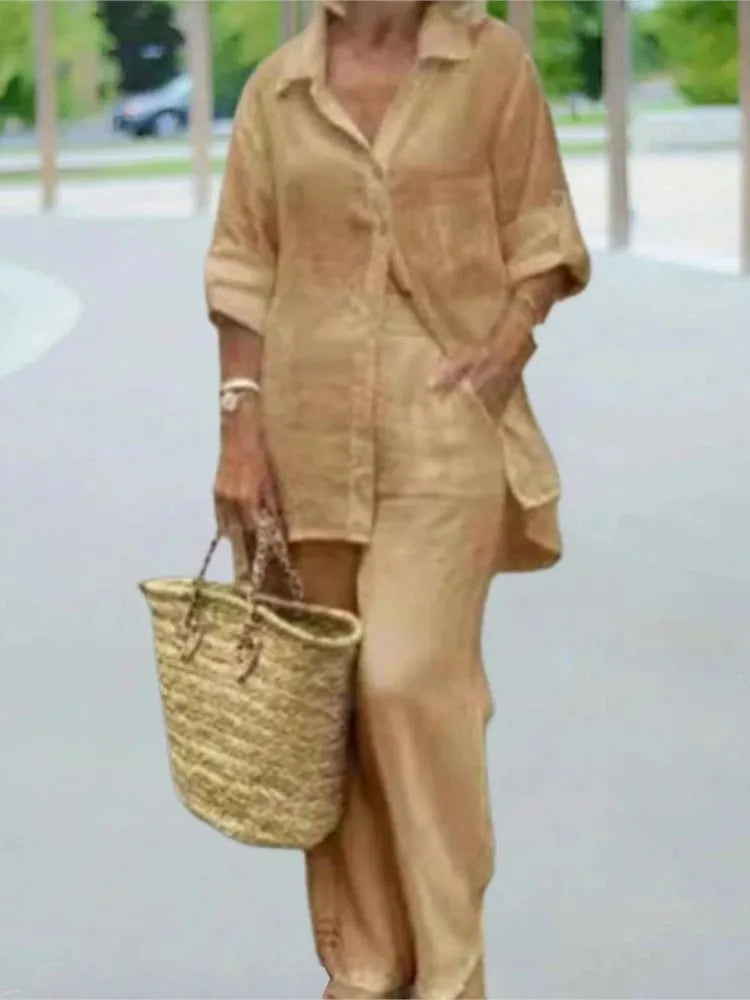 Camicia Donna Manica Lunga con Tasche Completo Casual Autunno Pantaloni Larghi