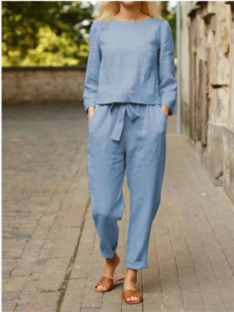 Completo Donna Cotone Lino Manica Lunga Pantaloni Larghi Elegante