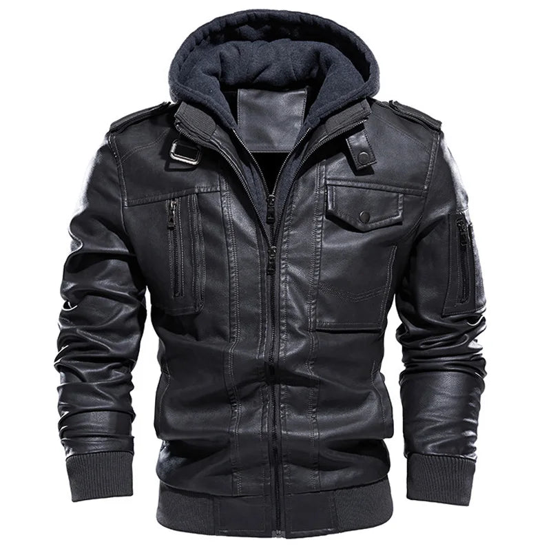 Giacca Uomo Pelle Vintage Calda Con Cappuccio Bomber Smanicato Manica Lunga