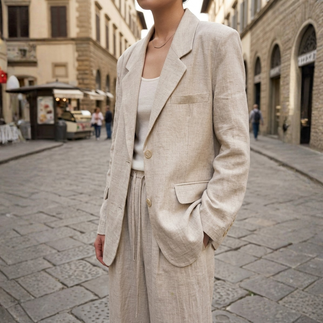 Completo Donna Blazer e Pantaloni in Lino e Cotone Primavera