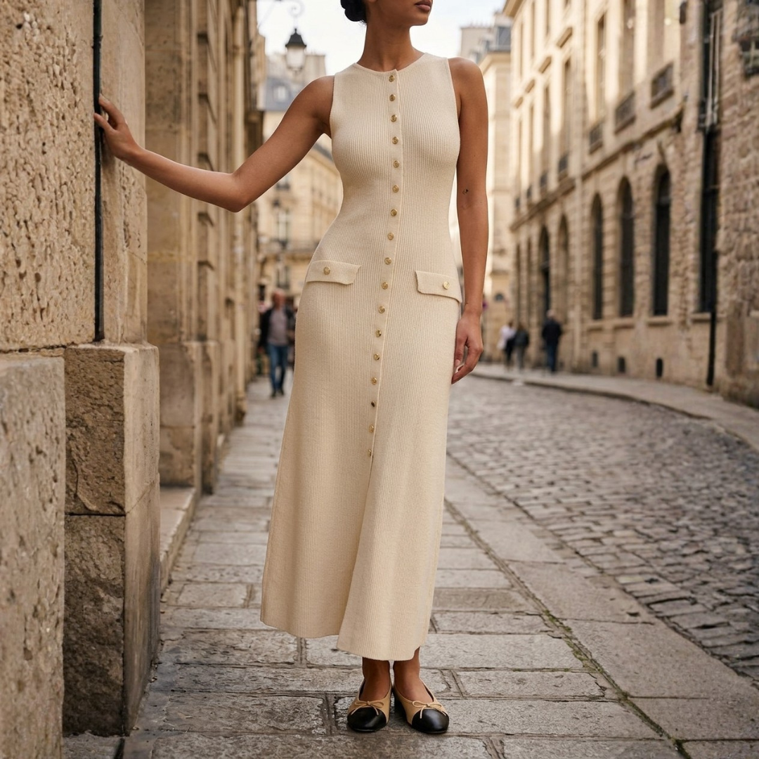 Abito Maxi Donna in Maglia Senza Maniche con Bottoni e Costine Slim