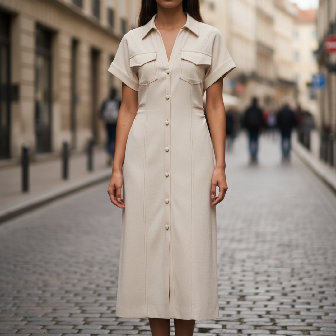 Abito Midi con Bottoni Frontali e Tasche Applicate