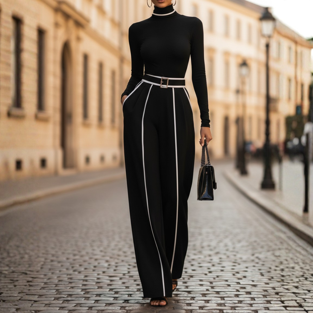 Set Completo Donna con Profili Bianchi e Pantaloni a Gamba Larga