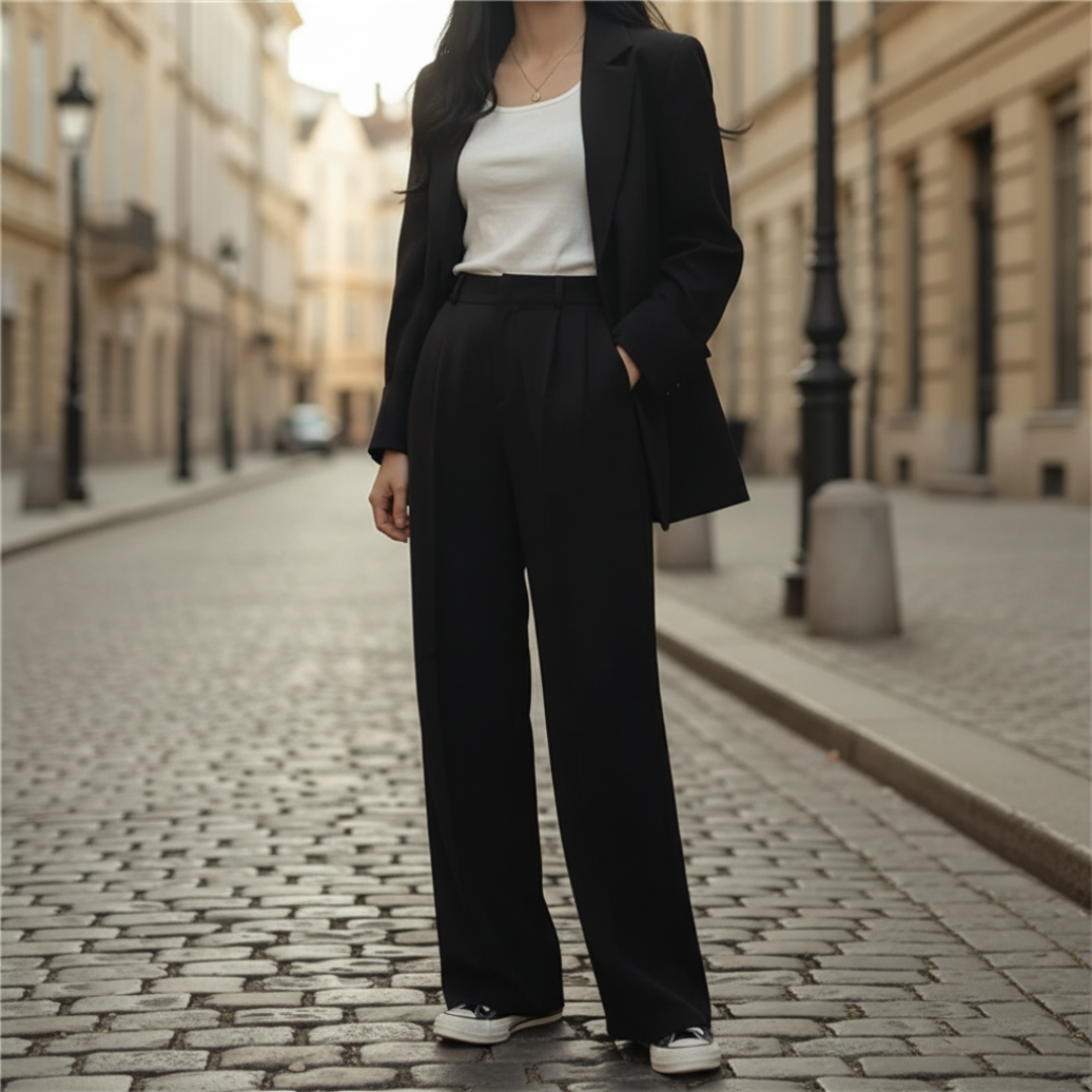 Completo Donna con Blazer Monopetto e Pantaloni a Gamba Larga