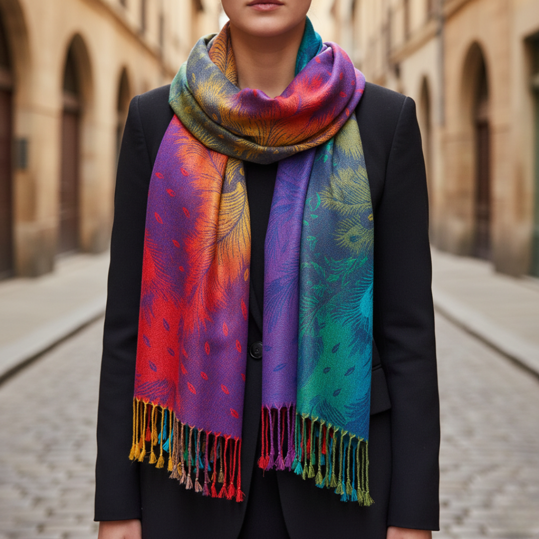 Sciarpa Donna Tessuto Misto Fantasia Pavone Colorata