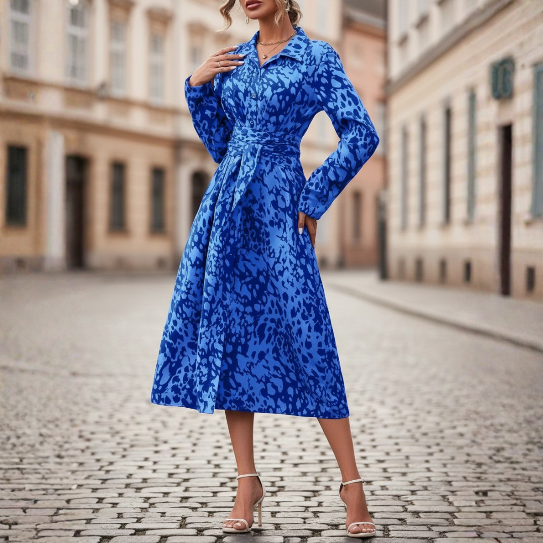 Abito Midi Donna a Fantasia con Cintura e Bottoni