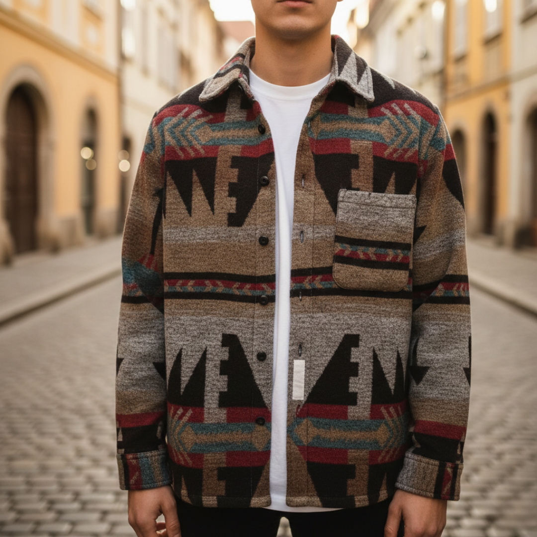 Giacca Uomo in Flanella con Motivo Geometrico Marrone e Beige