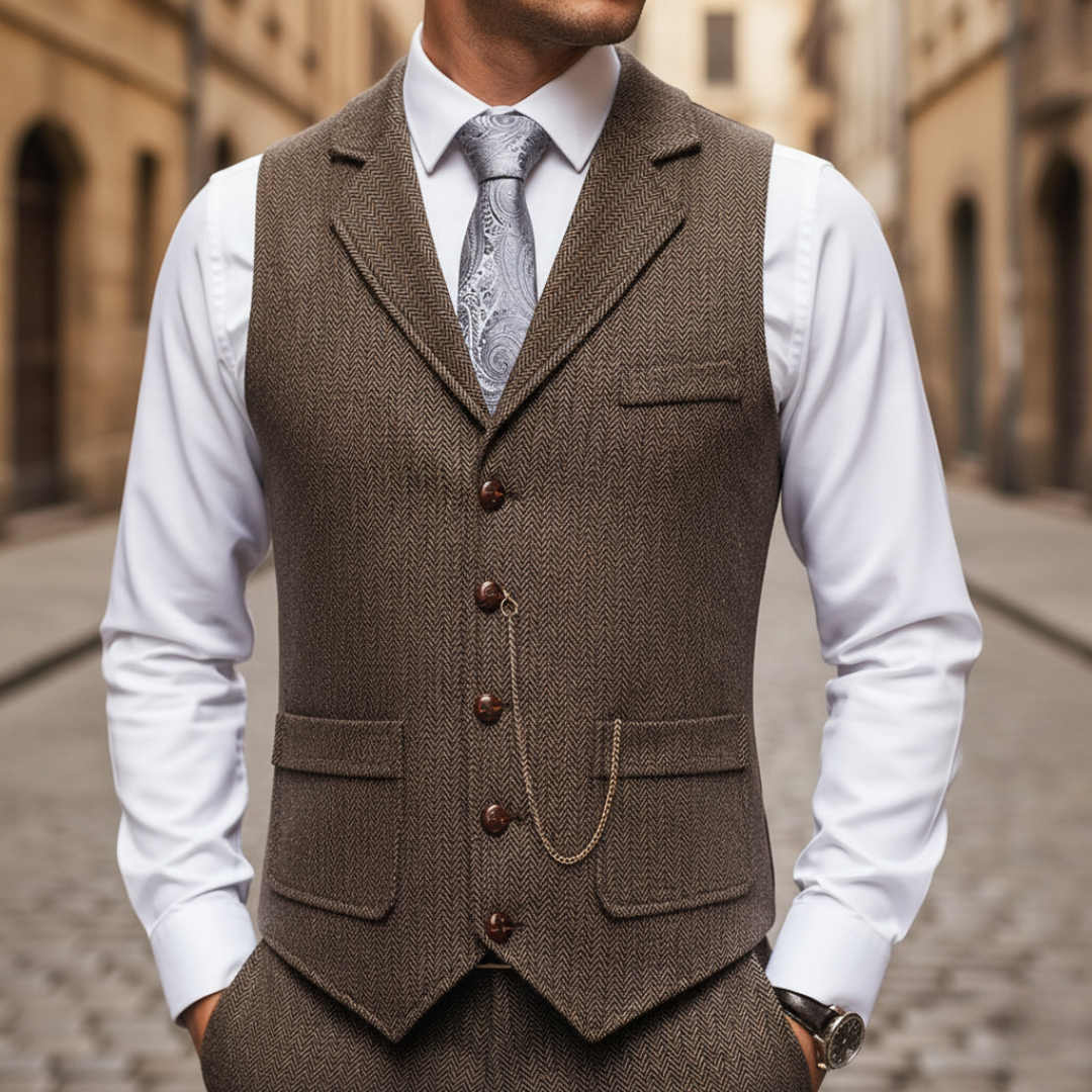 Gilet Uomo Slim Fit in Tweed Spigato con Revers e Bottoni