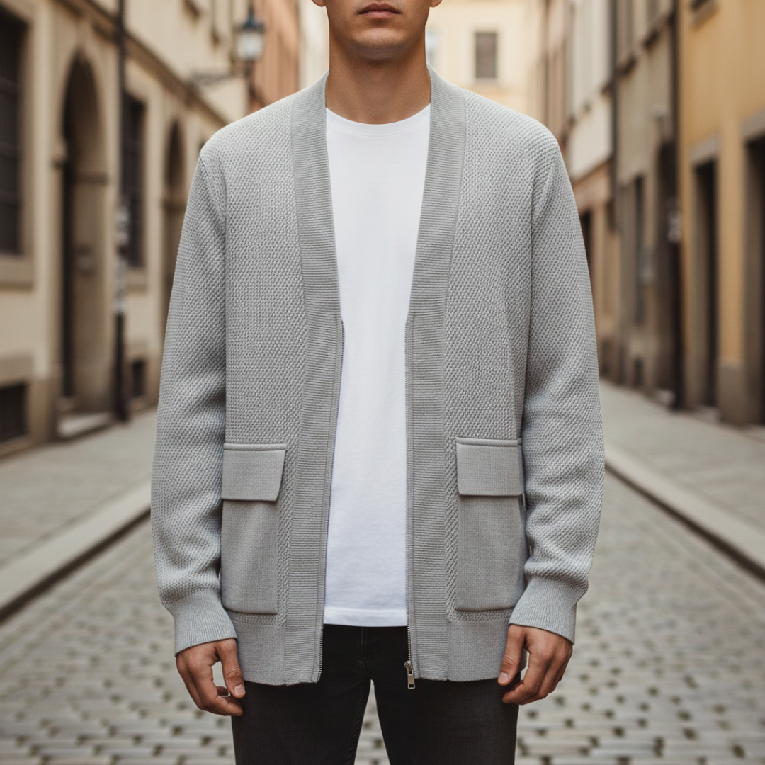 Cardigan Cashmere Chiusura Lampo Maglia Intrecciata Tasche Uomo