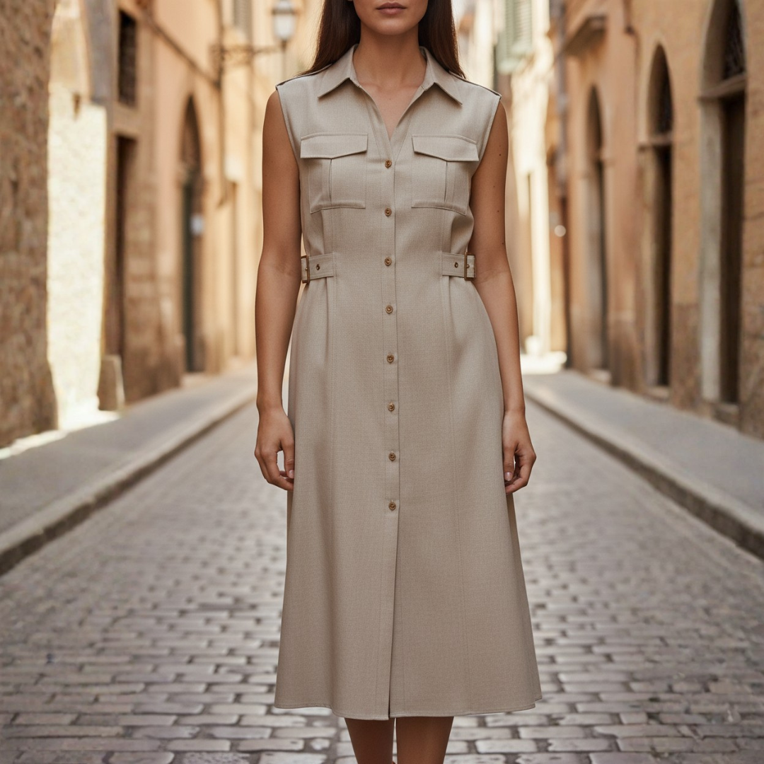 Abito Camicia Midi Donna in Lino Senza Maniche con Bottoni Stile Utility