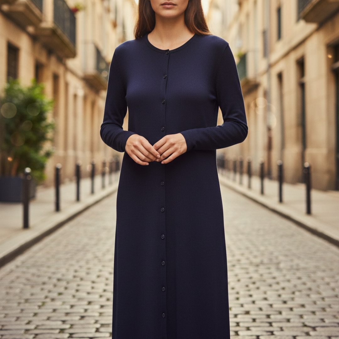 Abito Maxi Donna in Maglia Maniche Lunghe con Bottoni e Tessuto a Coste