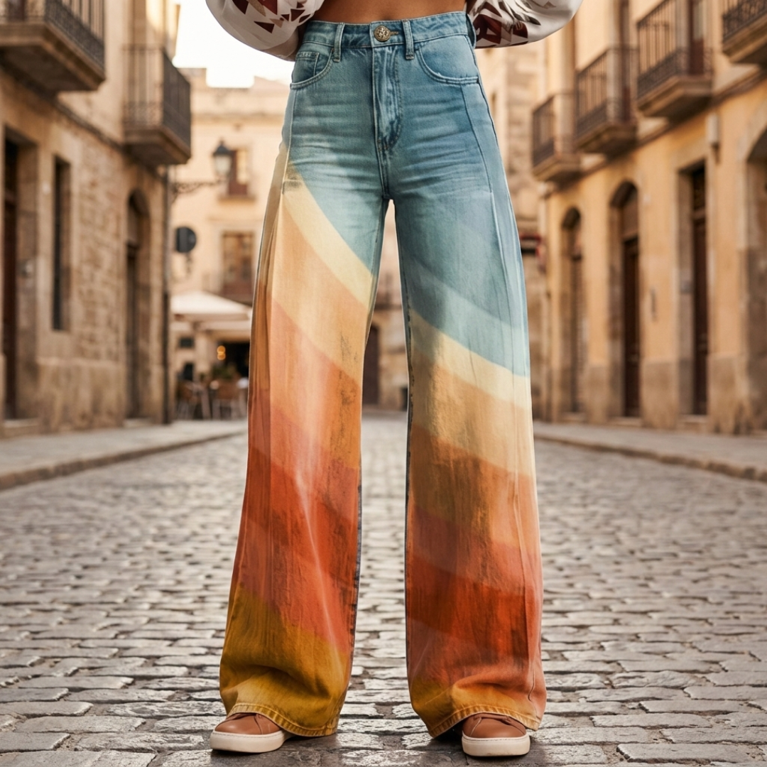 Jeans Donna a Gamba Larga con Lavaggio Sfumato
