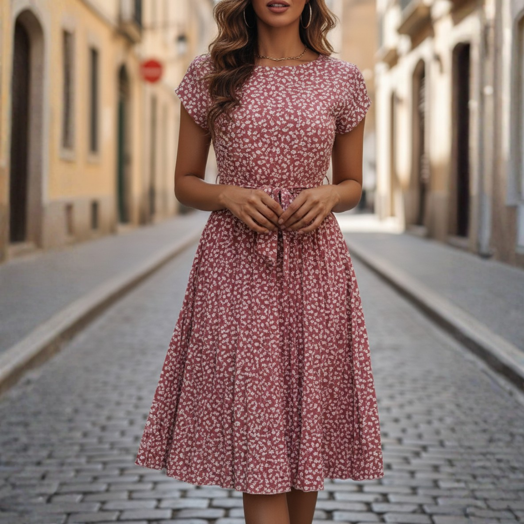 Abito Lungo Donna Plissé con Stampa Floreale e Cintura