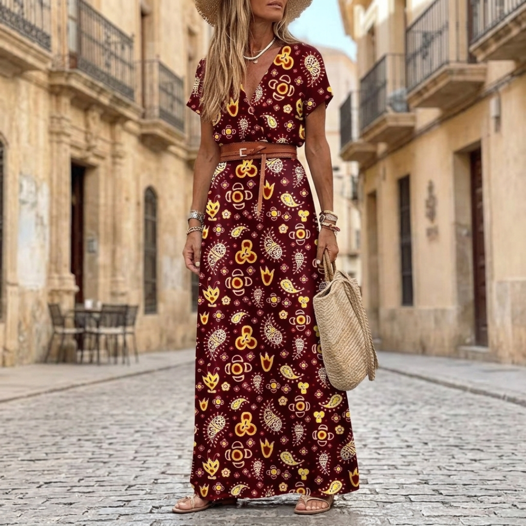Abito Midi Donna Estivo Floreale Scollo V Maniche Sbuffo