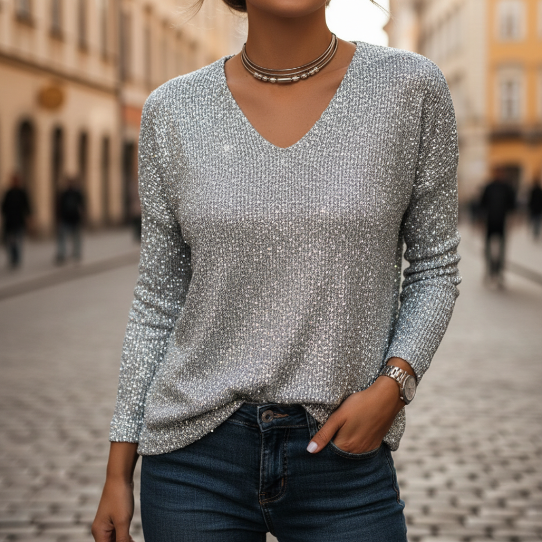 Maglione Donna Scollo V Tessuto Glitter