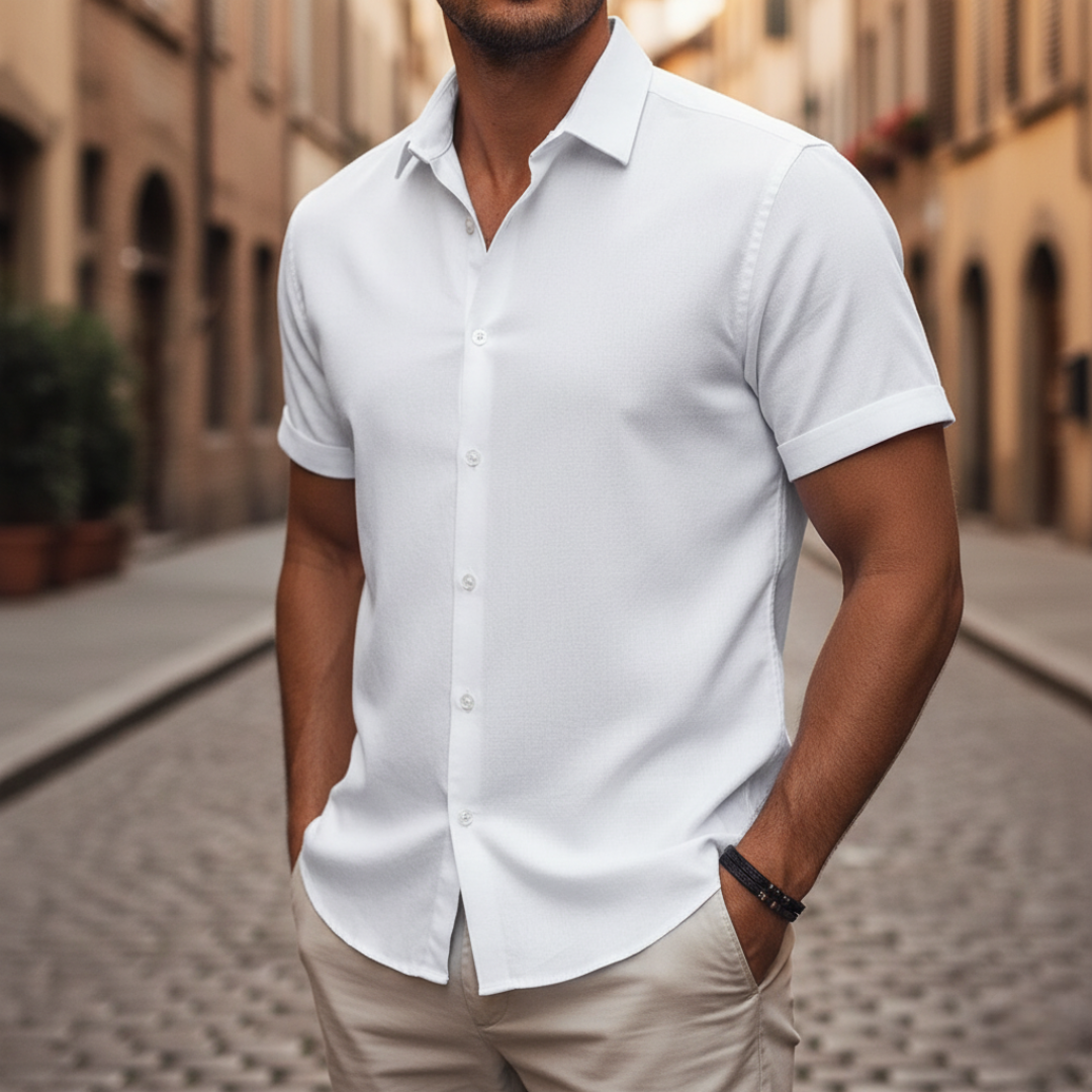 Camicia Uomo Manica Corta Casual Tessuto Misto
