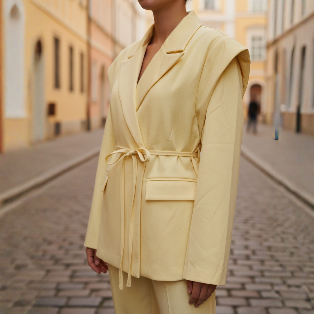 Giacca Blazer Donna con Cintura e Spalle Strutturate