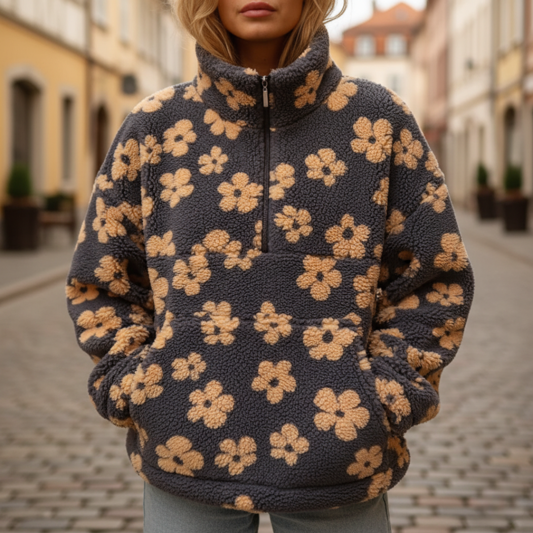 Giacca Donna Fleece Fiore con Zip e Collo Alto