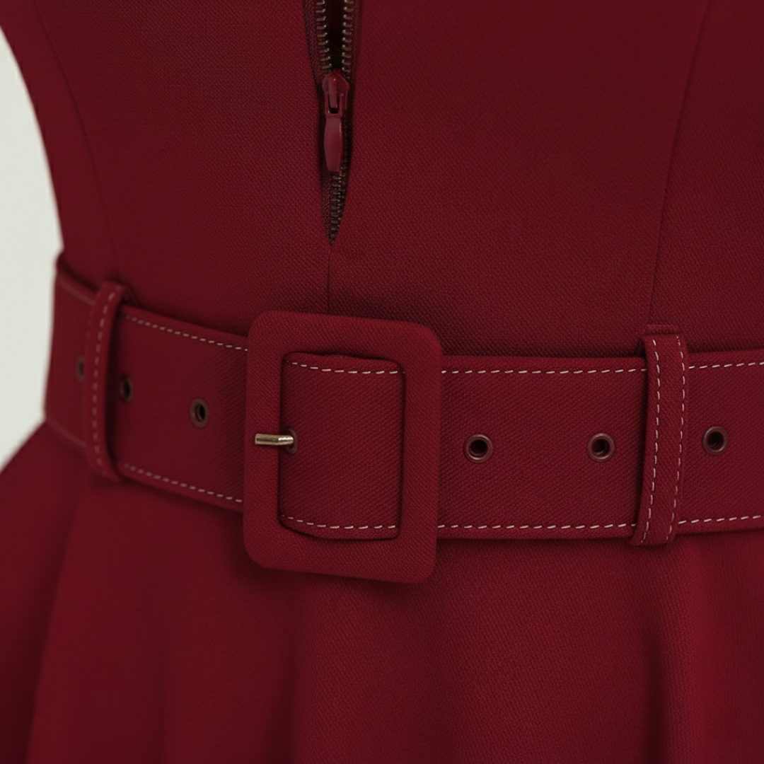 Abito Donna a Ruota con Zip Frontale e Cintura