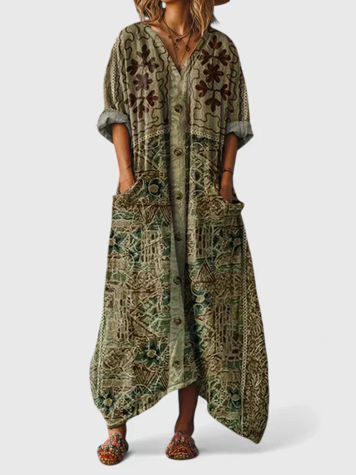 Abito Donna Stampa Vestibilità Ampia Scollo A V Maniche Lunghe Maxi