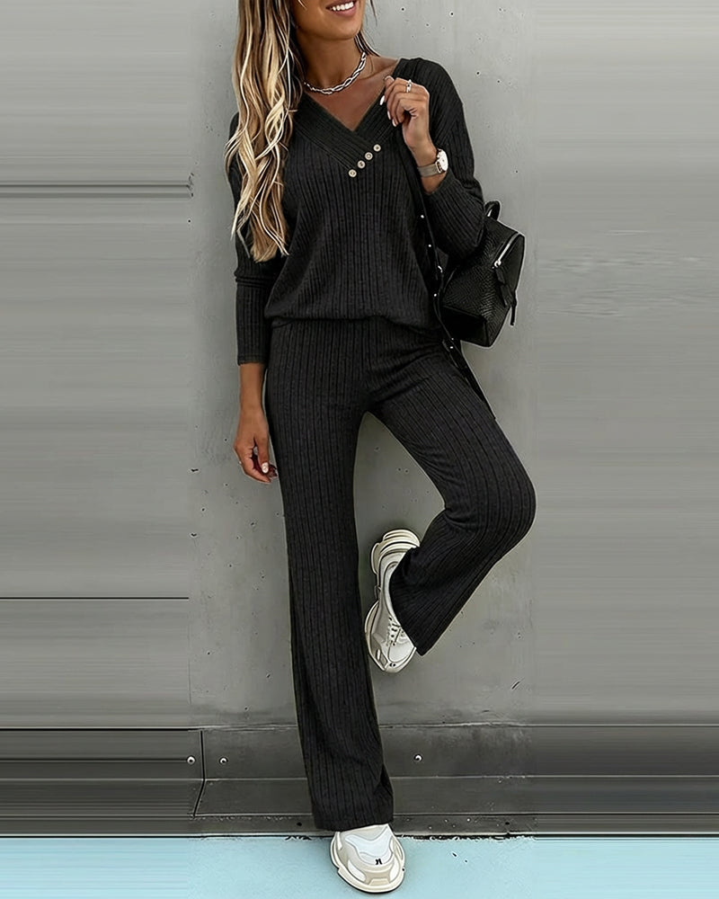 Set Maglia 2 Pezzi Donna Viscosa Scollo a V Manica Lunga Pantaloni Dritti