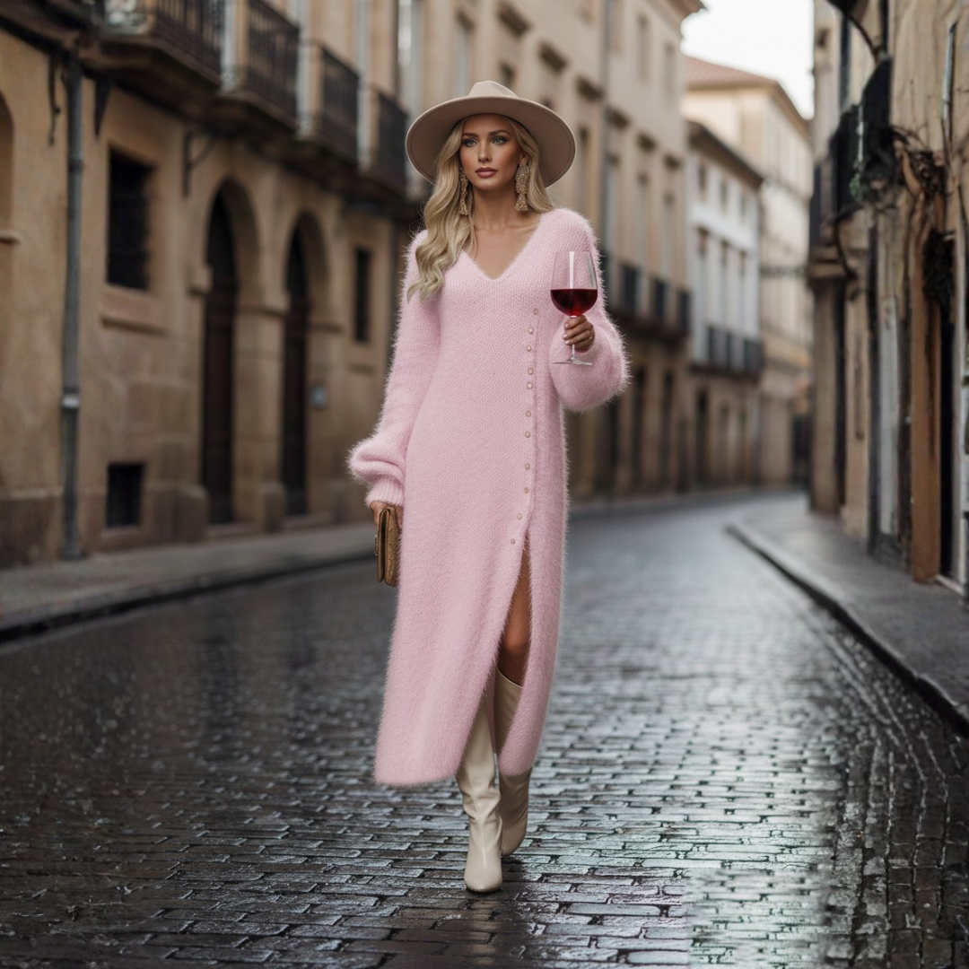 Abito Midi Donna con Scollo a V in Maglia Effetto Pelliccia