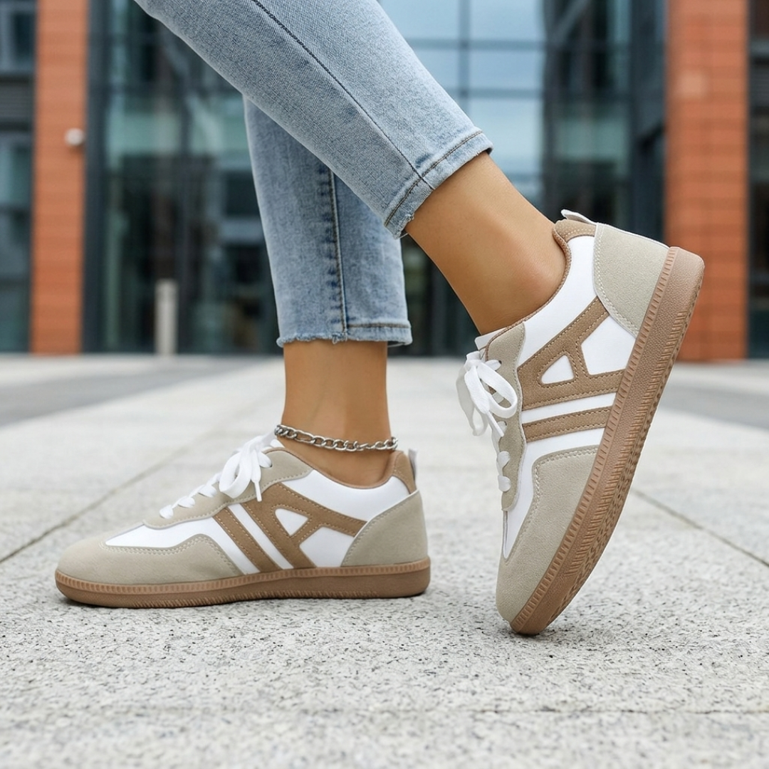 Sneakers Ortopediche Donna Basse con Lacci Suola in Gomma Bianca Beige