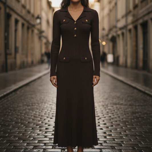 Abito Maxi Donna Marrone a Costine con Colletto e Bottoni