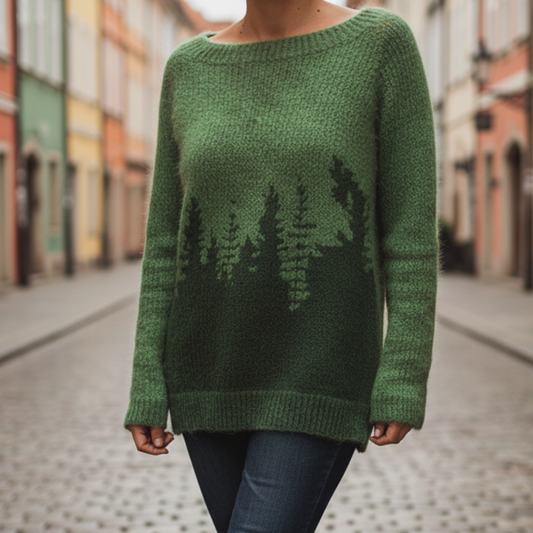 Maglione Donna Verde Smeraldo Stampa Foresta