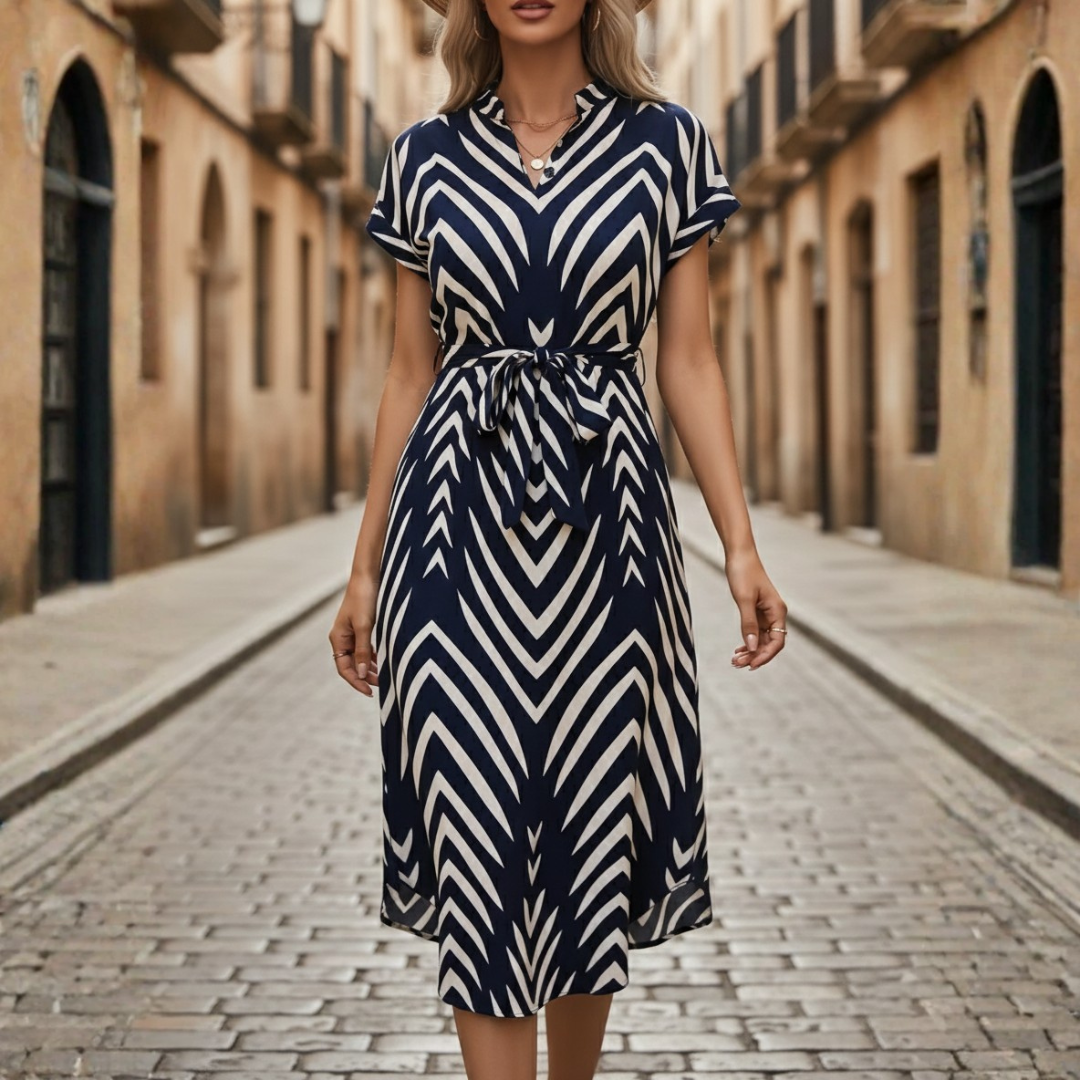 Abito Midi Donna a Righe con Scollo a V e Cintura