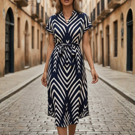 Abito Midi Donna a Righe con Scollo a V e Cintura