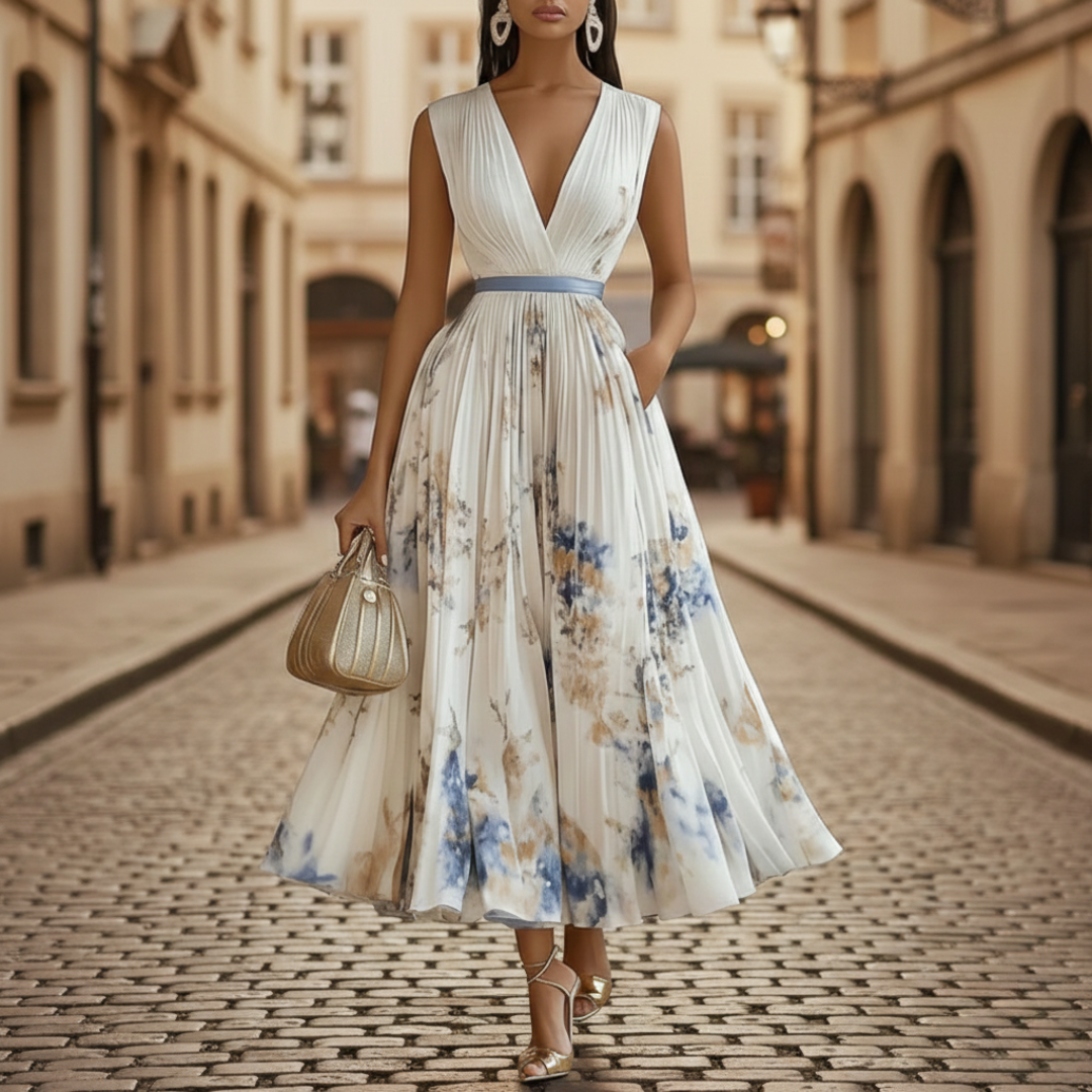 Abito da Cerimonia Lungo Donna Scollo a V Plissettato Bianco